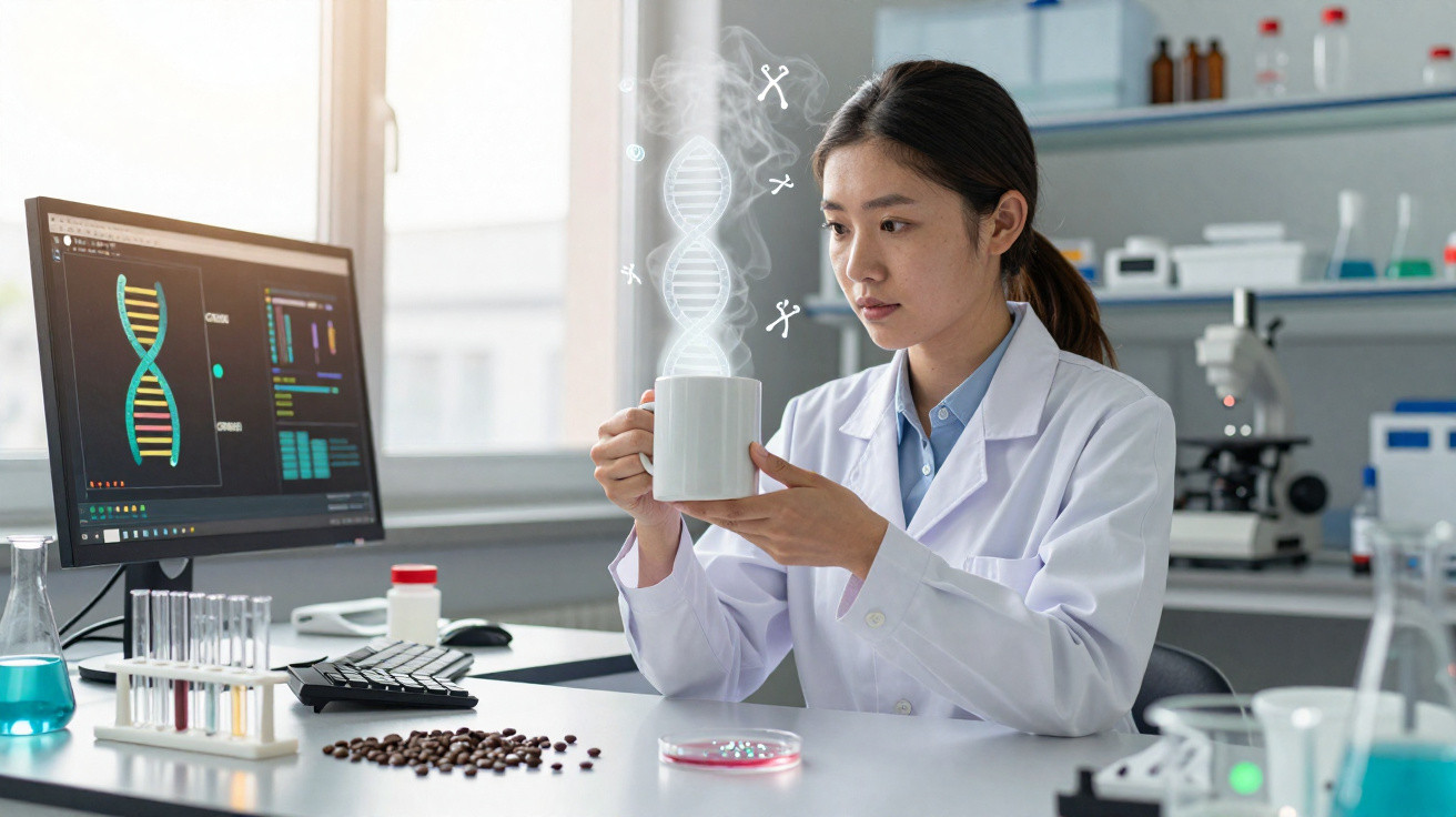 Mulher cientista em laboratório com chávena de café, computador com DNA e símbolos de genética no vapor.
