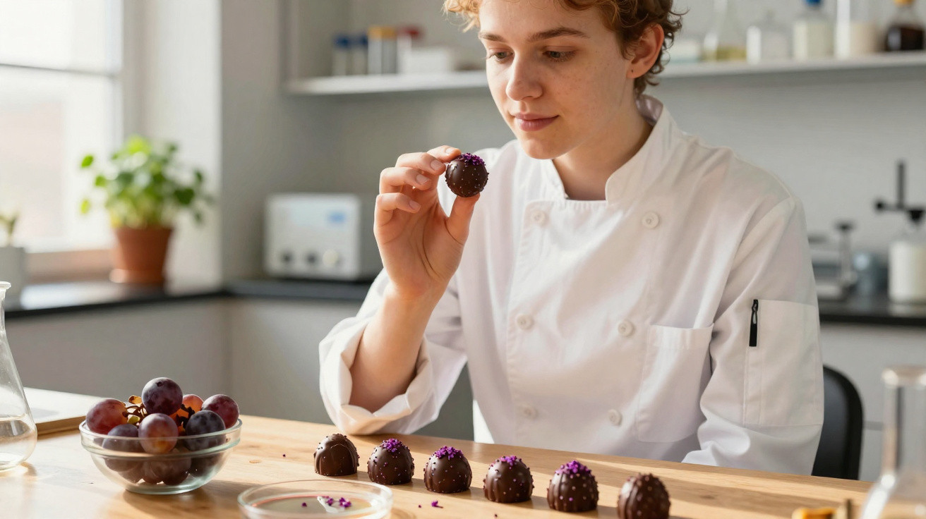 Chef a olhar para bombons cobertos de chocolate decorados com flores roxas numa bancada de cozinha.