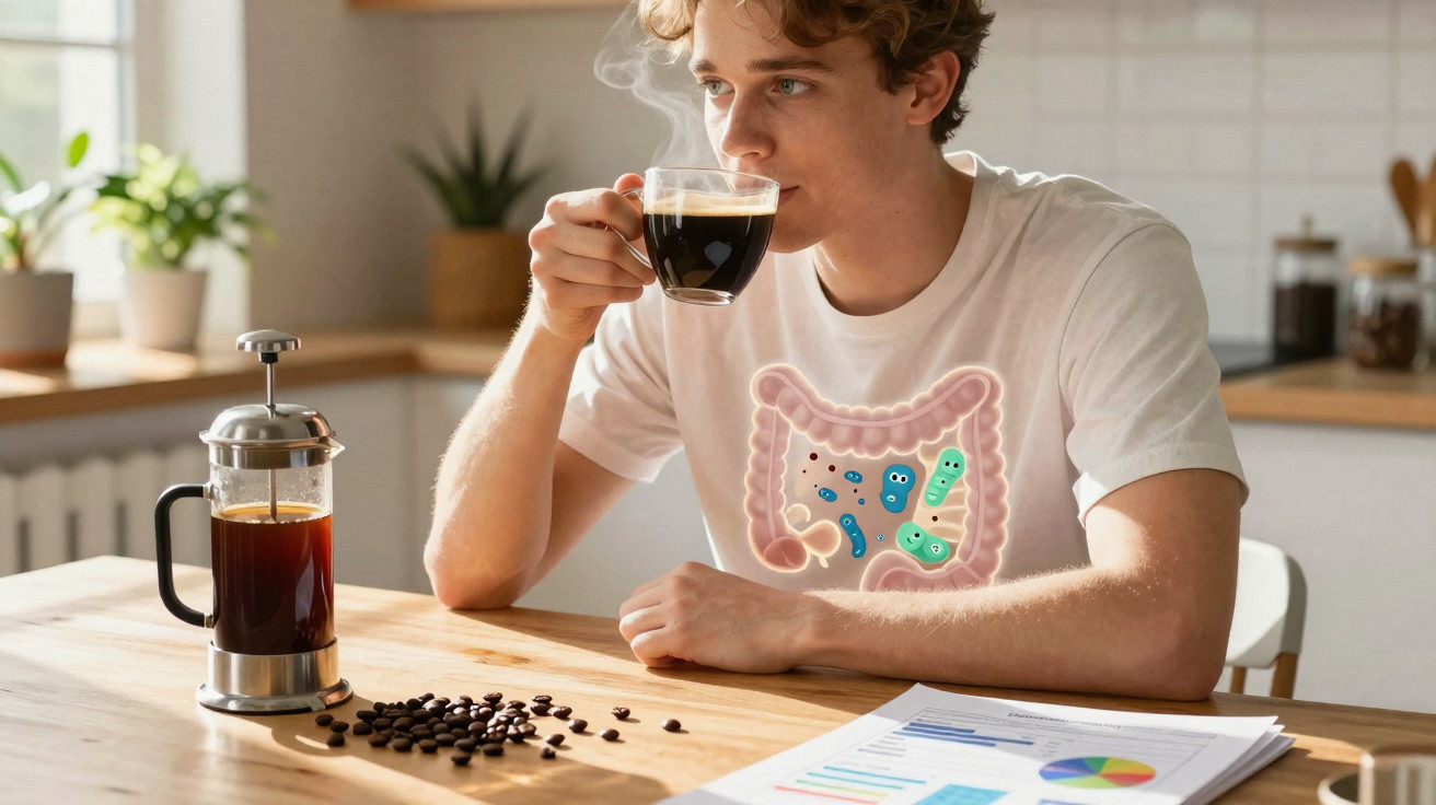Homem a beber café com ilustração do intestino e bactérias benéficas sobreposta no peito.