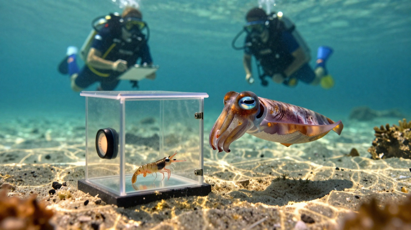 Mergulhadores observam uma lula e um camarão em caixa transparente no fundo do mar.