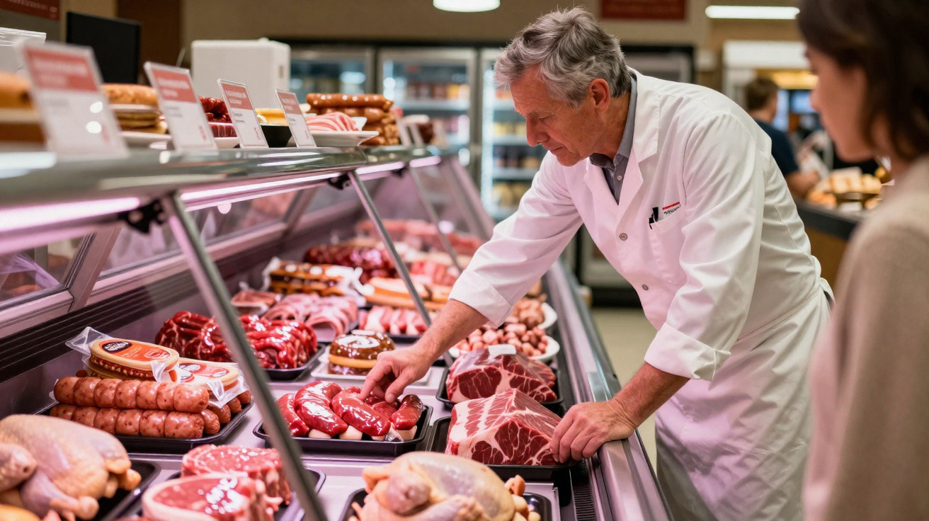 Talhante a selecionar enchidos numa vitrina de carne fresca num supermercado, com cliente ao lado.