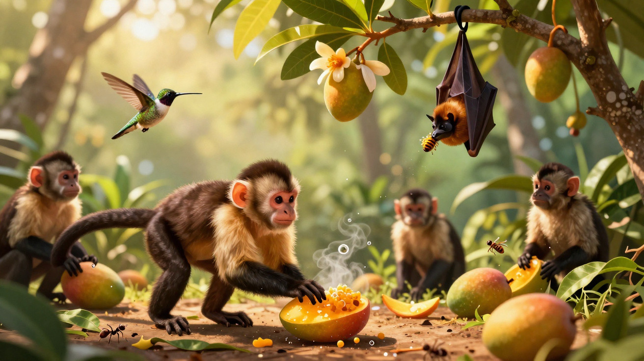 Quatro macacos pequenos e um morcego rodeiam mangas partidas com mel, com abelhas e um beija-flor na cena.