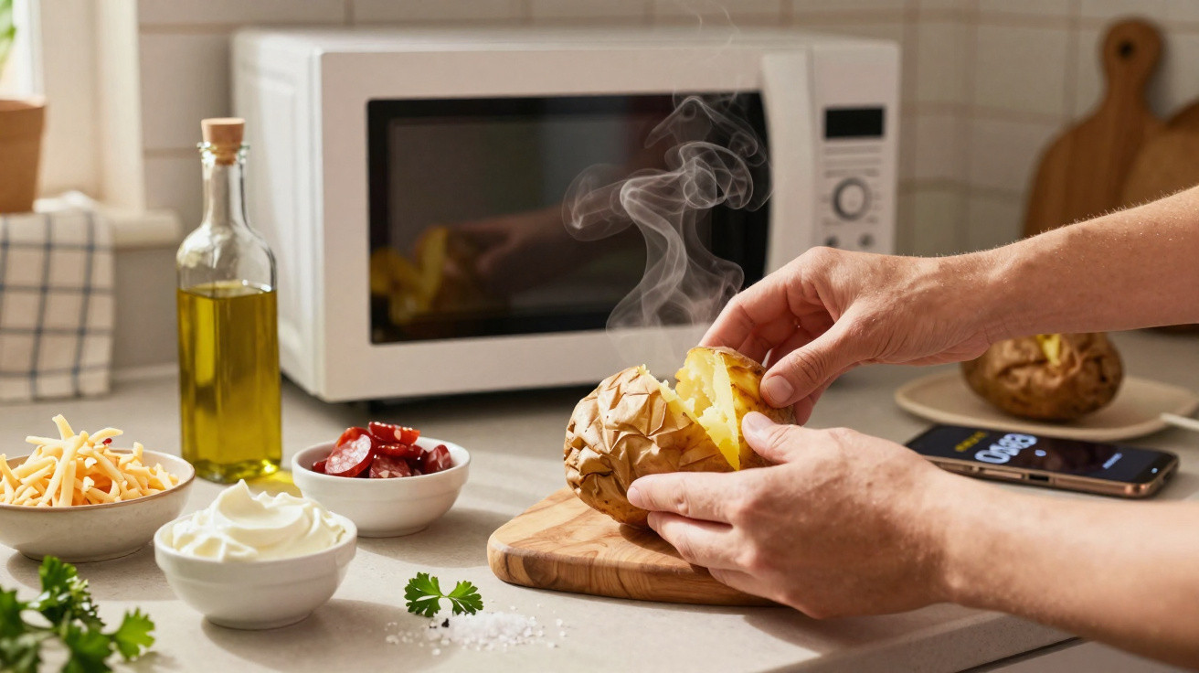 Pessoa a partir ao meio uma batata assada quente numa cozinha com vários ingredientes à volta.