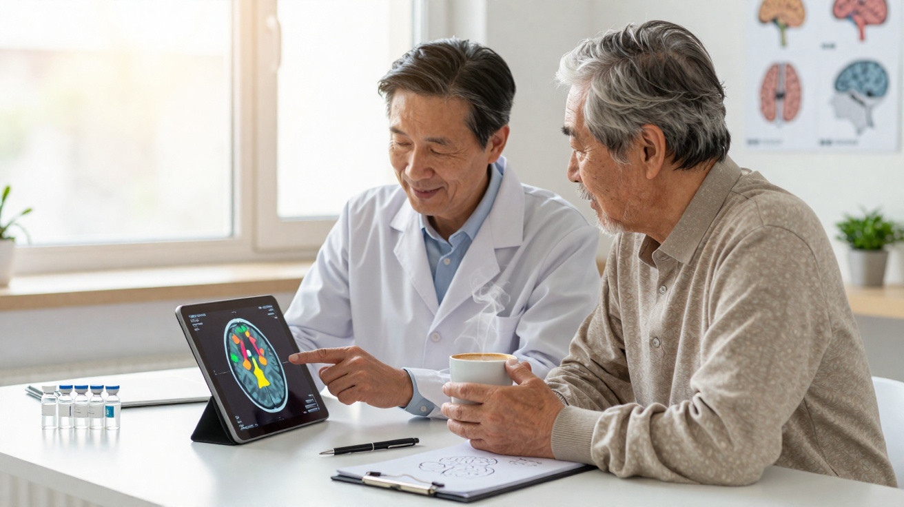 Médico explica exame cerebral a idoso sentado numa mesa com chá numa clínica moderna.