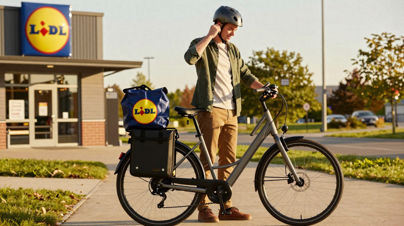 Homem com capacete junto a bicicleta elétrica com sacos de compras Lidl numa entrada de supermercado.