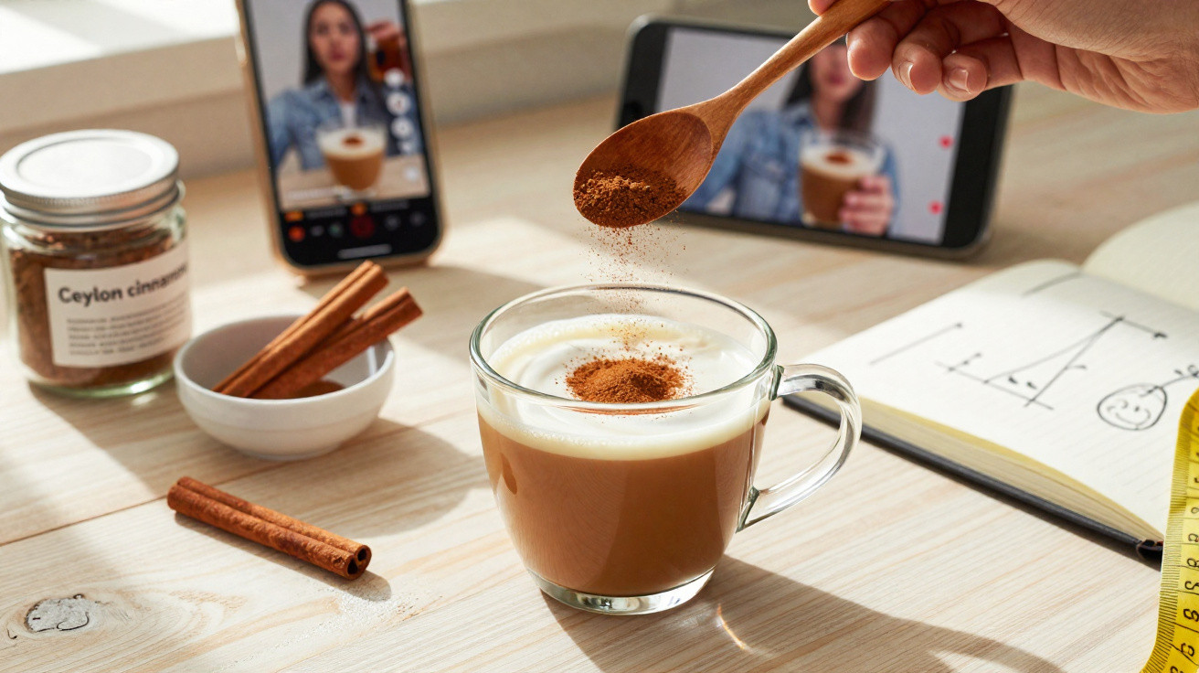 Pessoa polvilha canela em bebida com leite, telemóveis com vídeos, raminhos de canela e caderno à mesa.