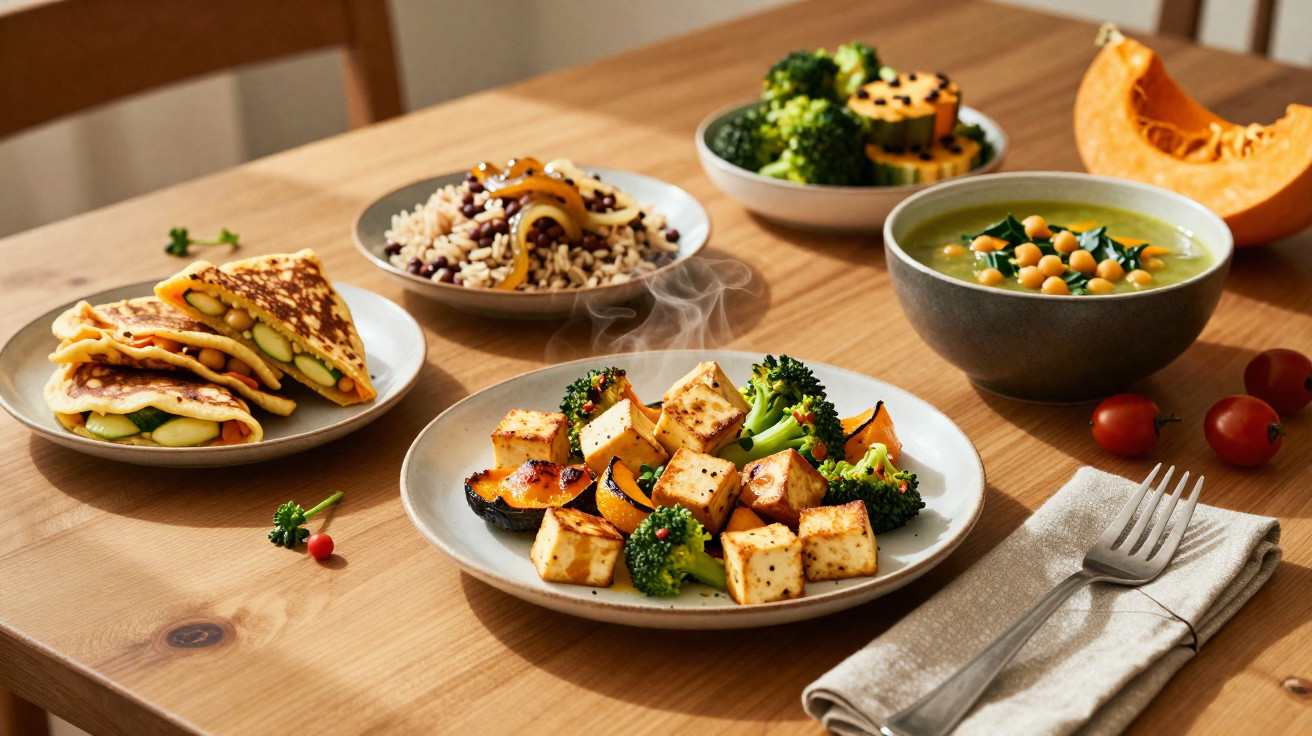 Refeição saudável com tofu grelhado, brócolos, sopa de grão e arroz com legumes numa mesa de madeira.