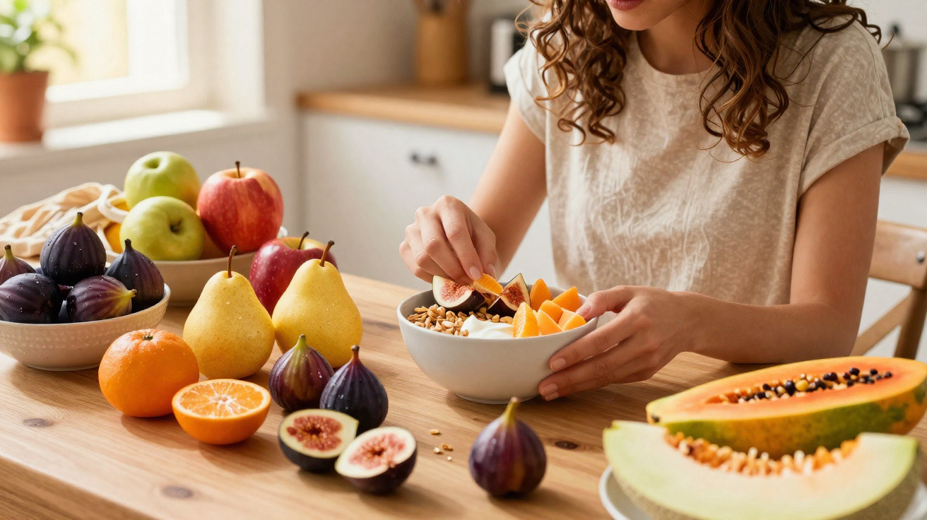 Mulher a preparar tigela de fruta e granola numa cozinha com várias frutas na mesa.