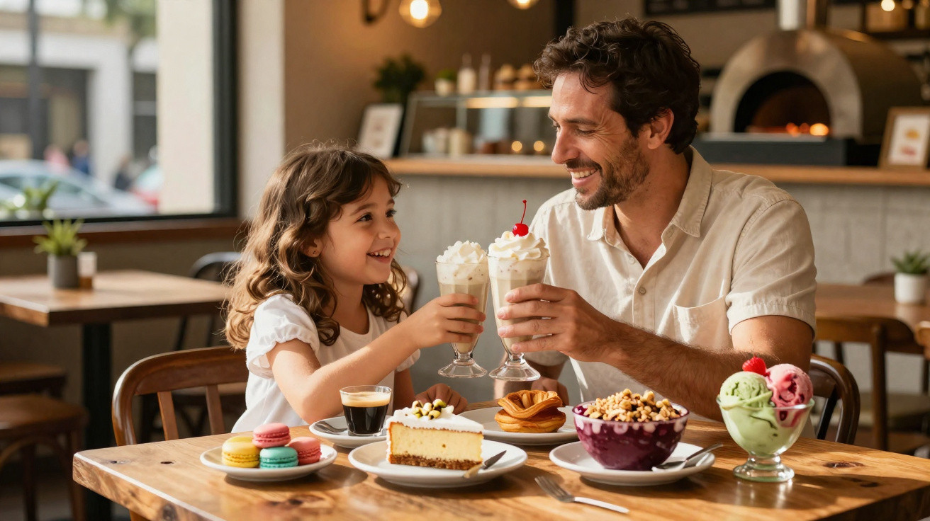 Pai e filha a brindar com batidos numa mesa com várias sobremesas num café acolhedor.