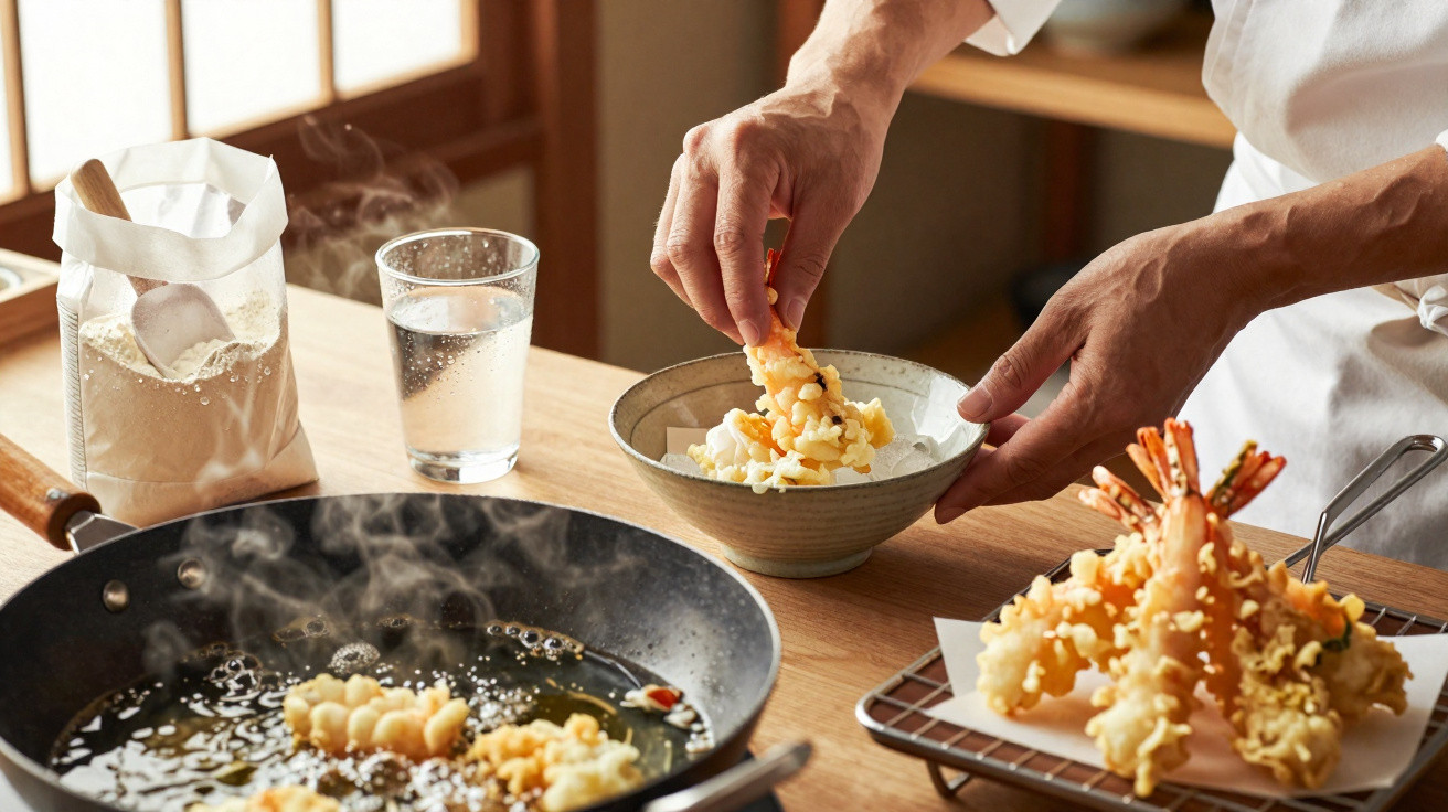 Pessoa a servir camarões em tempura num prato com frigideira, farinha e copo de água na cozinha.