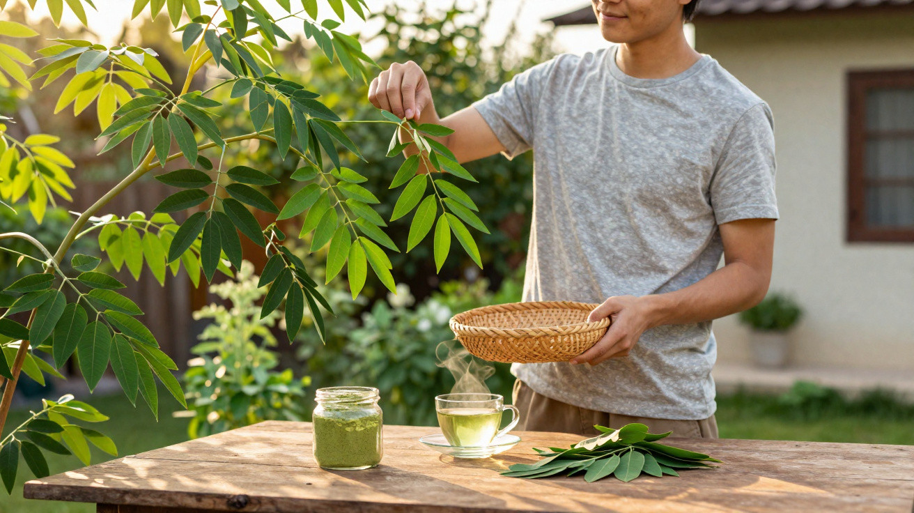 Pessoa a apanhar folhas verdes e a preparar chá numa mesa ao ar livre, com luz natural suave.