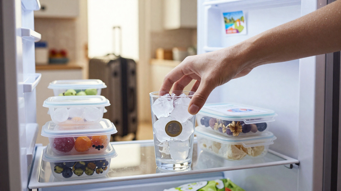 Mão a colocar copo com gelo e moeda dentro de frigorífico com vários recipientes de comida.