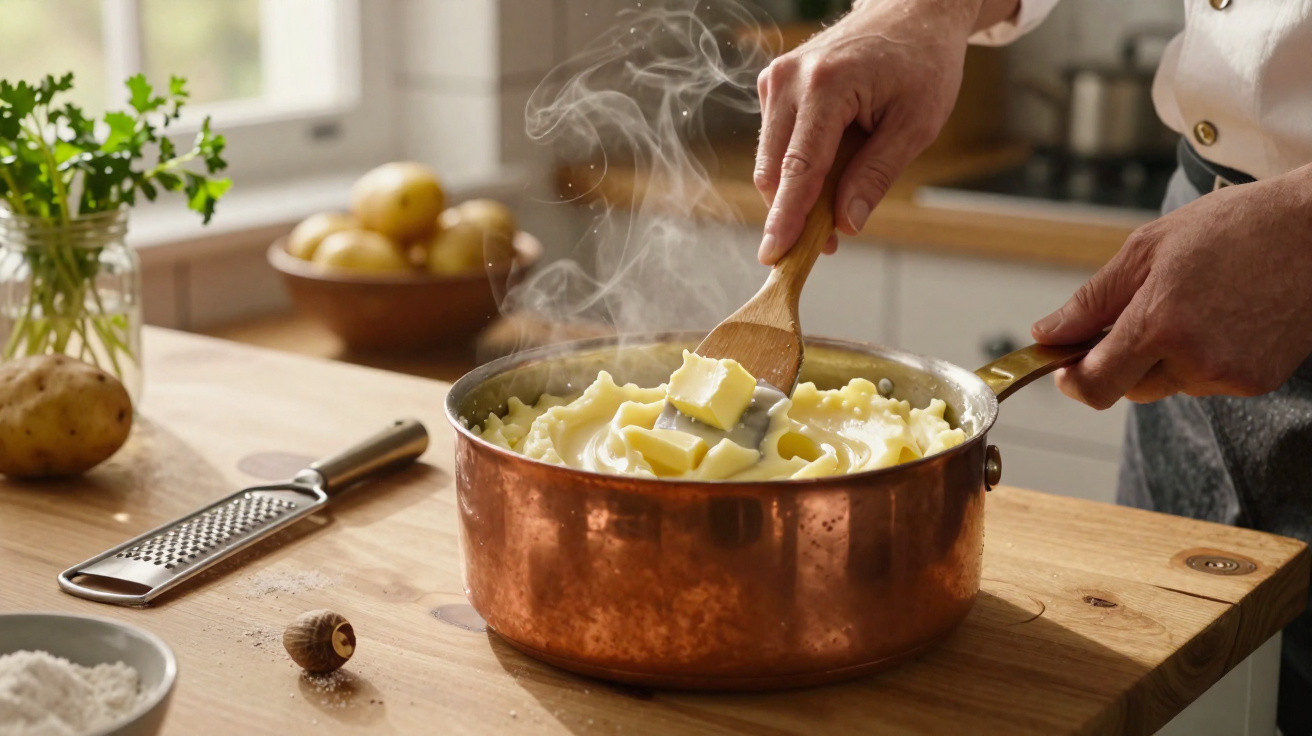 Pessoa a mexer puré de batata quente com manteiga numa panela de cobre numa cozinha.