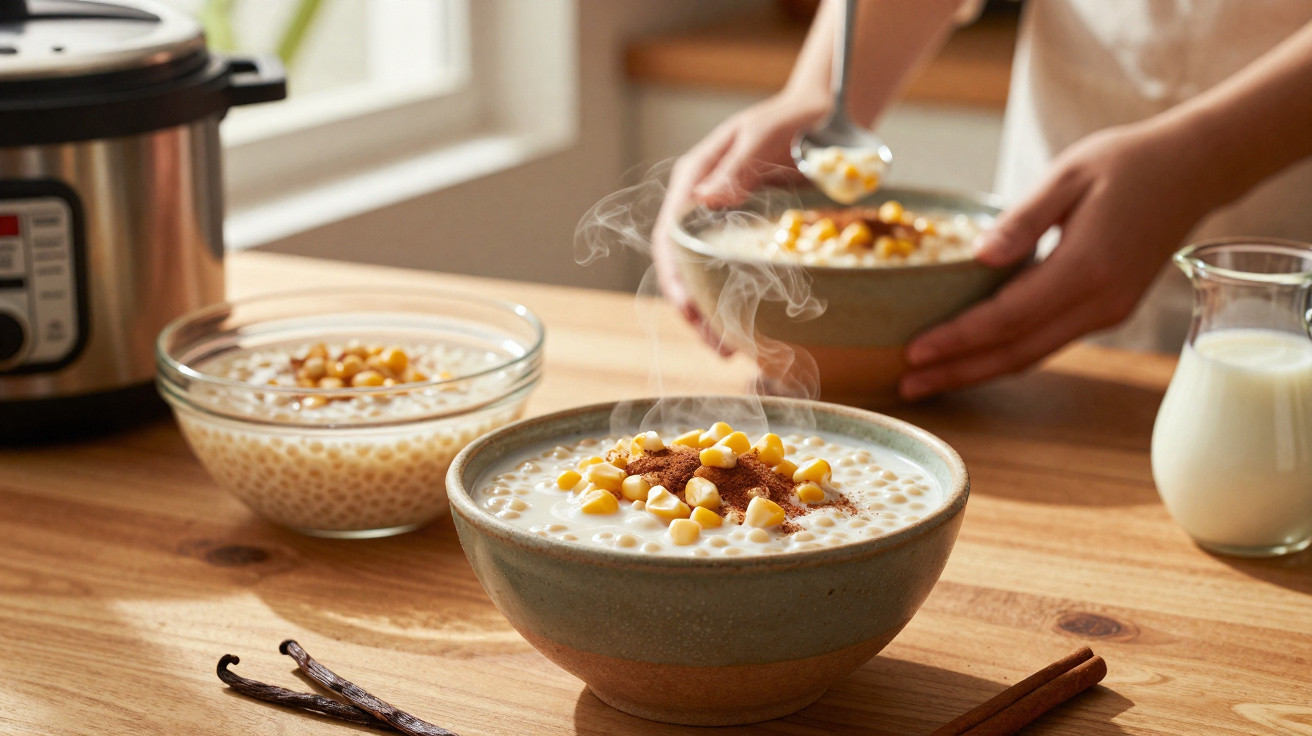 Taças de arroz doce com canela e milho servido numa mesa de madeira, com jarra de leite e panela elétrica ao fundo.