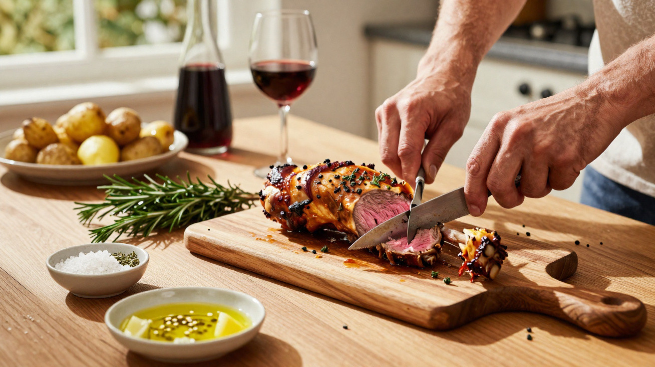 Mão a cortar carne assada mal passada num tábua de madeira com alecrim, batatas e copo de vinho tinto.