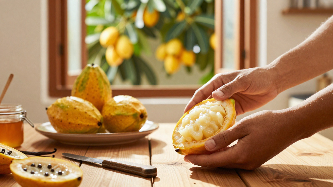 Mãos seguram fruta maracujá cortada ao meio, com outras frutas e faca sobre mesa de madeira junto a janela.