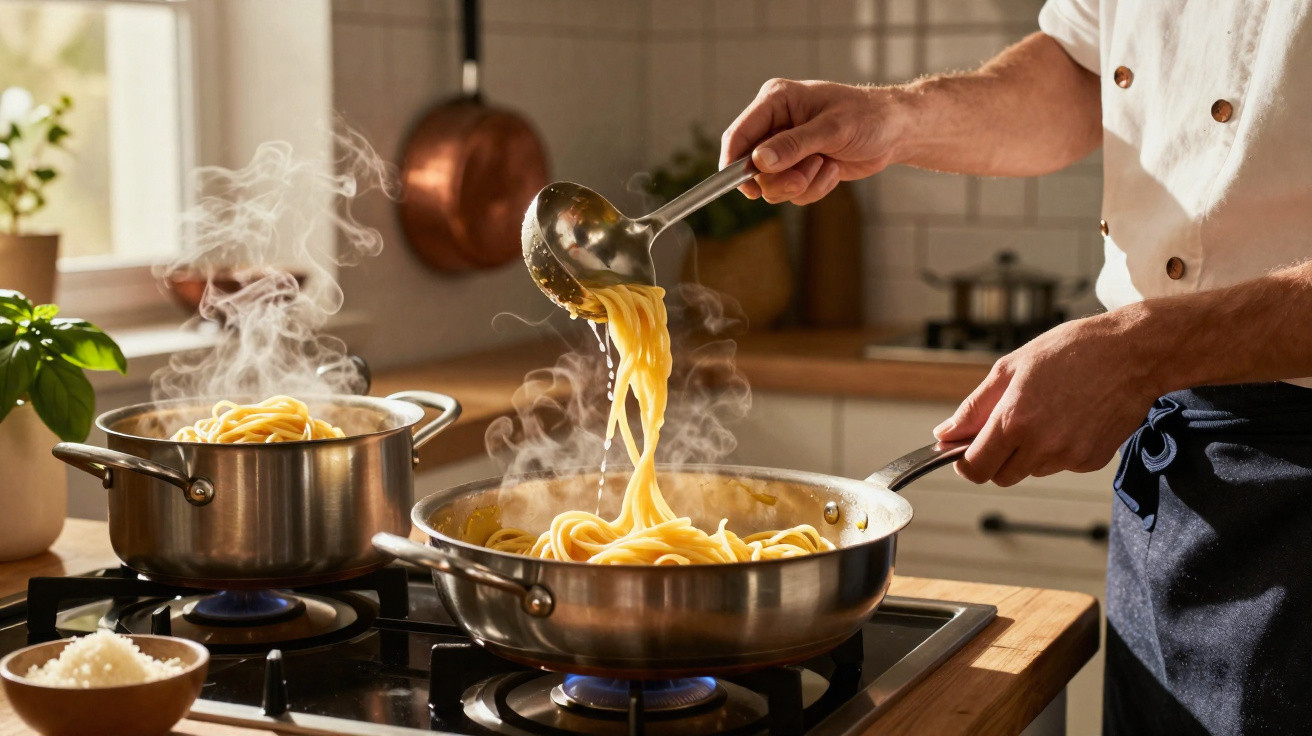 Pessoa a cozinhar esparguete num fogão a gás numa cozinha luminosa com tacho e panela de aço inoxidável.