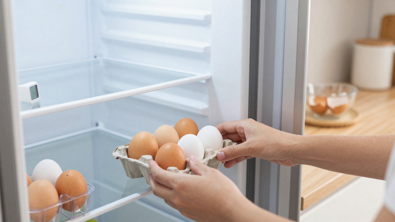 Mãos a colocar caixa de ovos brancos e castanhos na prateleira de frigorífico aberto numa cozinha.