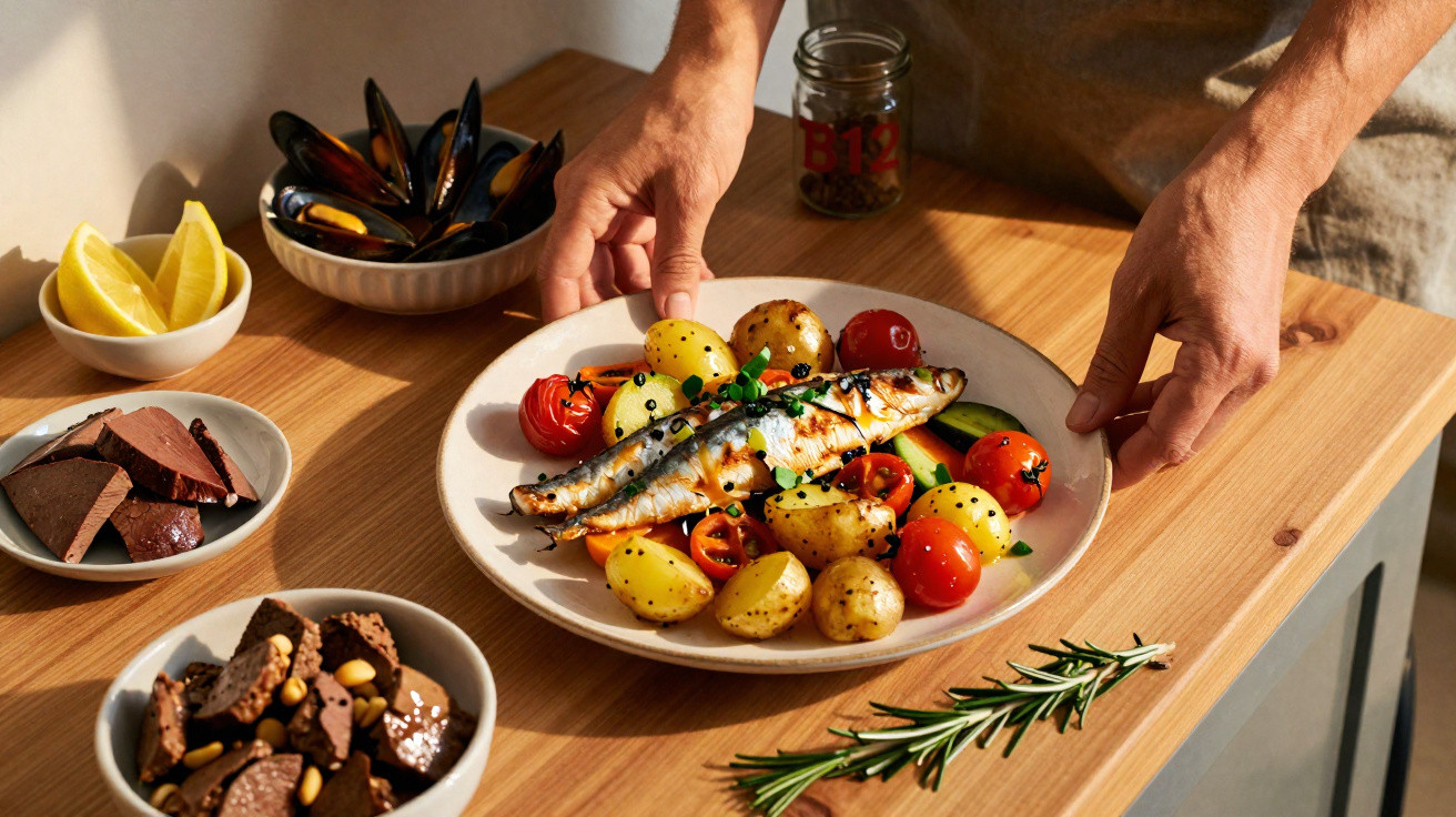Prato com peixe grelhado, batatas, tomates cherry e azeitonas, rodeado de tigelas com marisco, limão e chocolate.