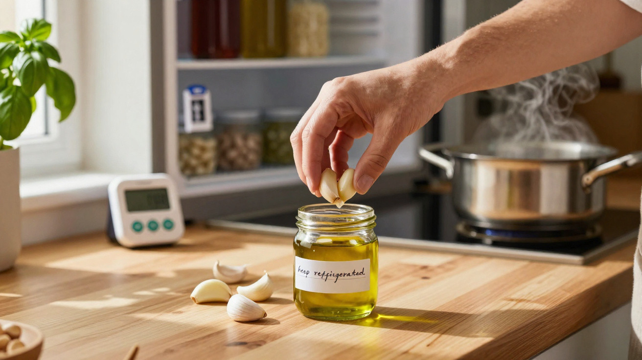Mão a colocar dentes de alho num frasco de azeite numa cozinha com panela a ferver ao fundo.