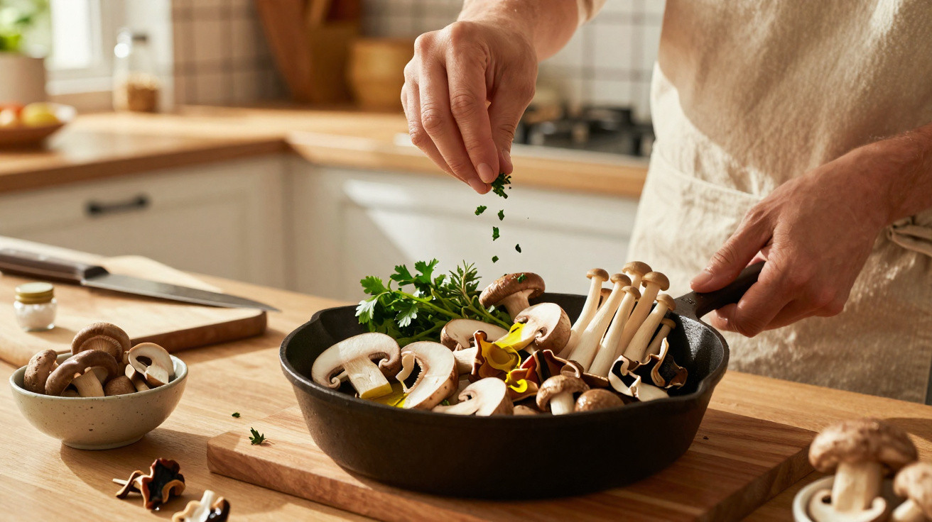 Pessoa a temperar cogumelos variados numa frigideira numa cozinha moderna e iluminada.