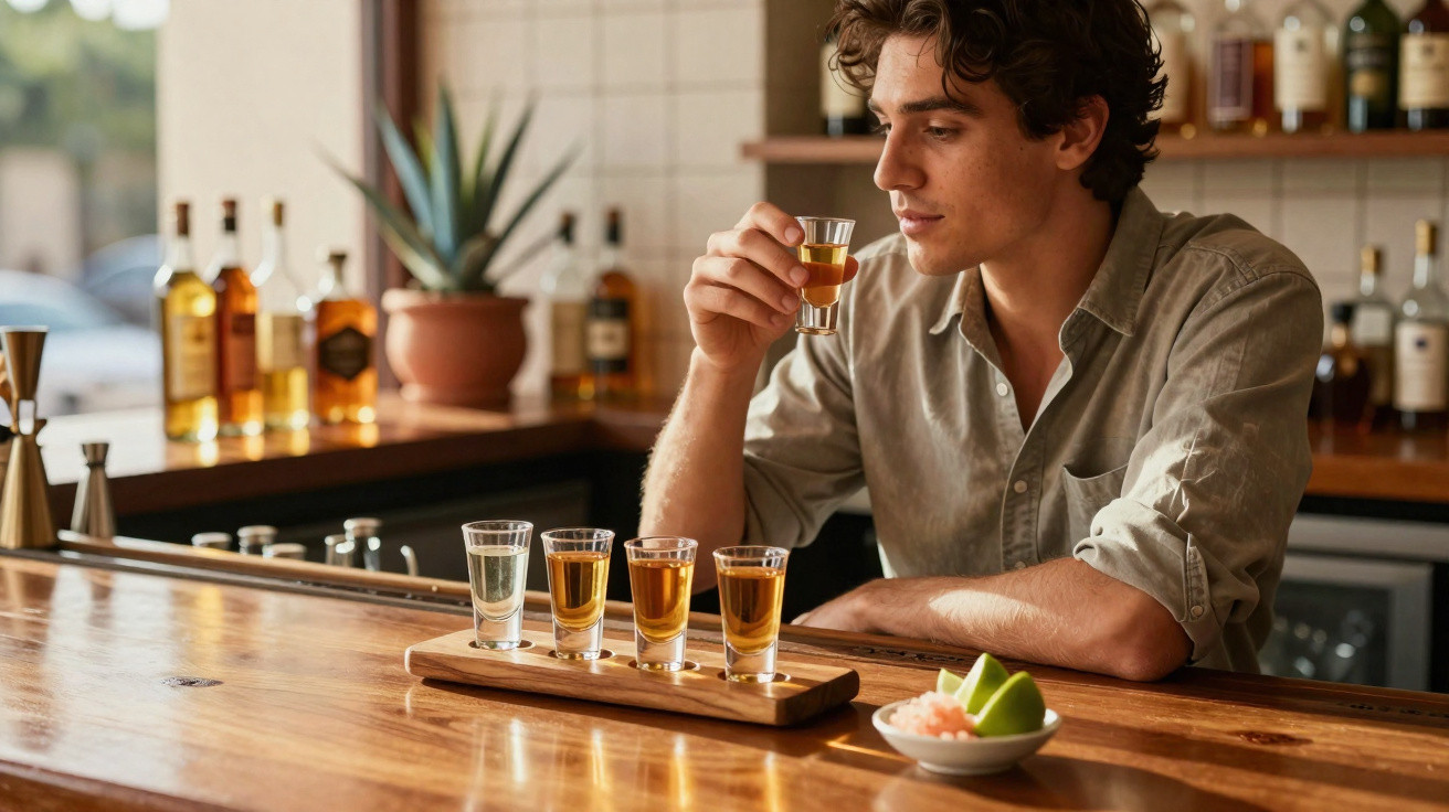 Homem sentado num bar a segurar um copo com bebida enquanto observa vários copos de shot sobre a mesa.
