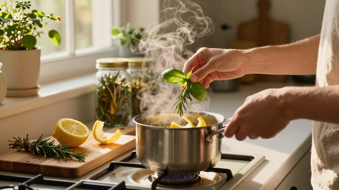 Mãos a adicionar ervas frescas a uma panela com vapor e rodelas de limão numa cozinha iluminada.