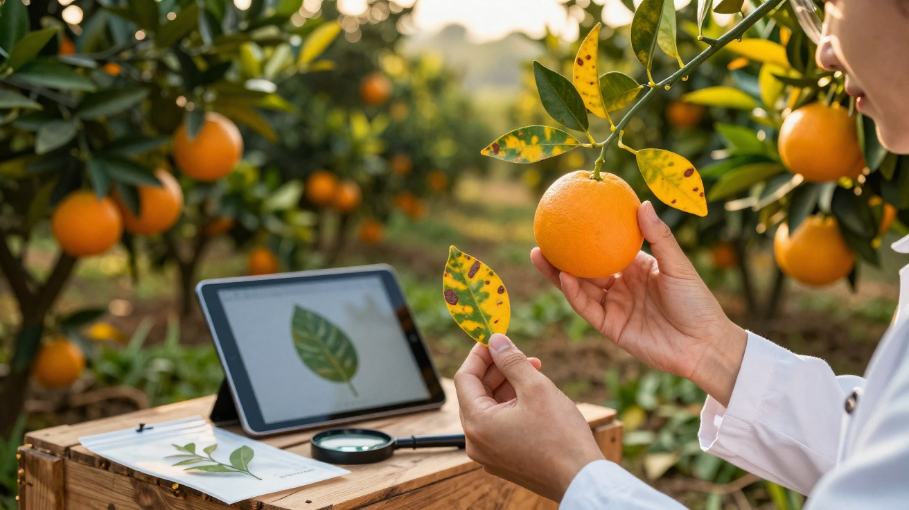 Pessoa em bata branca analisa folhas e laranja numa plantação com tablet e lupas numa caixa de madeira.