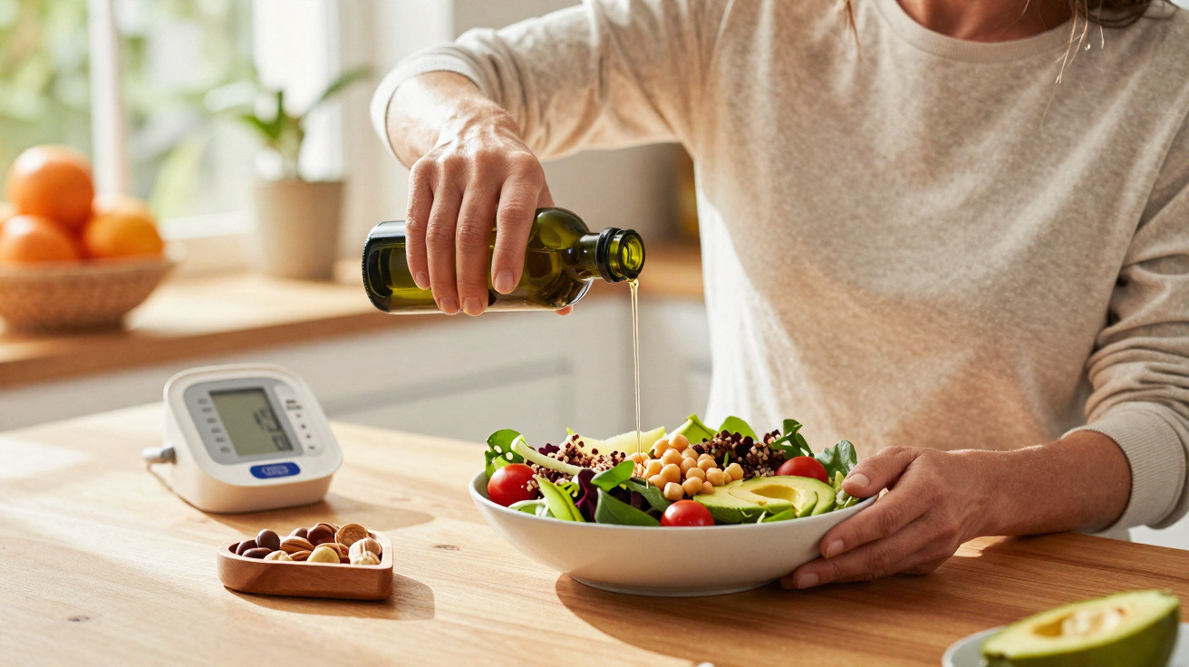 Pessoa a temperar salada com azeite numa cozinha iluminada, com tensiómetro e frutos secos na mesa.