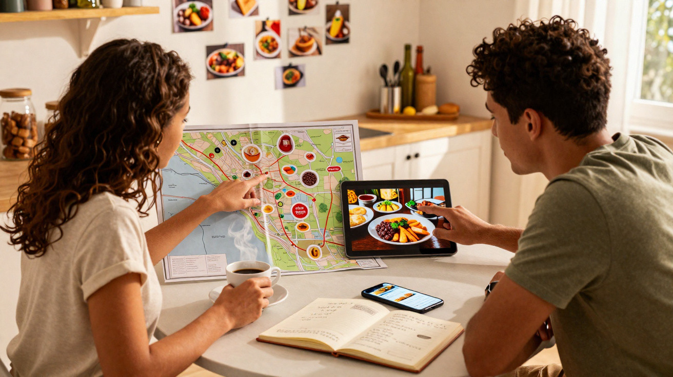 Casal sentado à mesa planeando viagem com mapa, tablet, caderno e café numa cozinha iluminada.