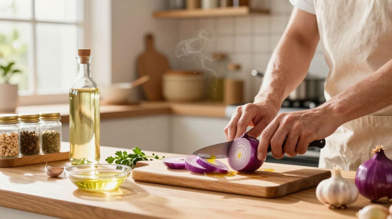 Pessoa a cortar cebola roxa numa tábua de madeira numa cozinha iluminada e organizada.