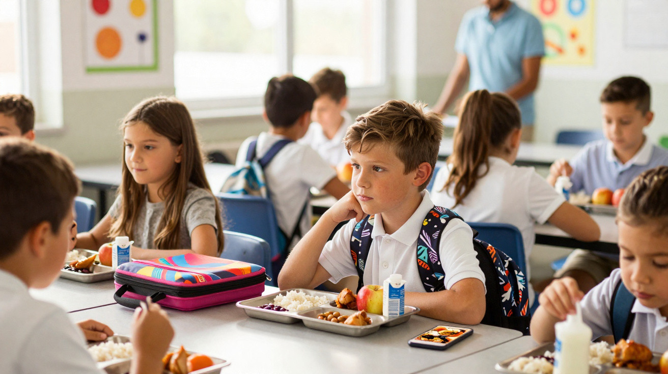 Crianças a almoçar numa cantina escolar, sentadas a mesas com mochilas e bandejas de comida.