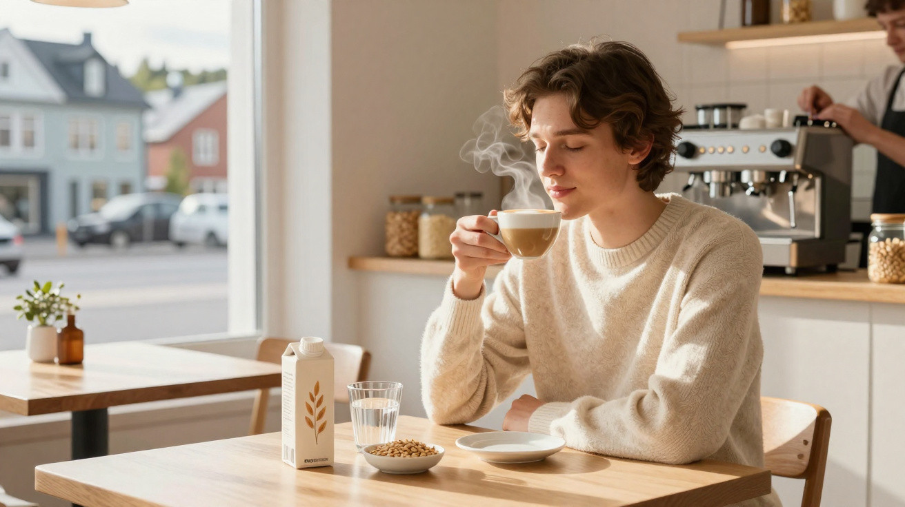 Jovem a saborear café quente numa cafeteria moderna e luminosa durante o dia.