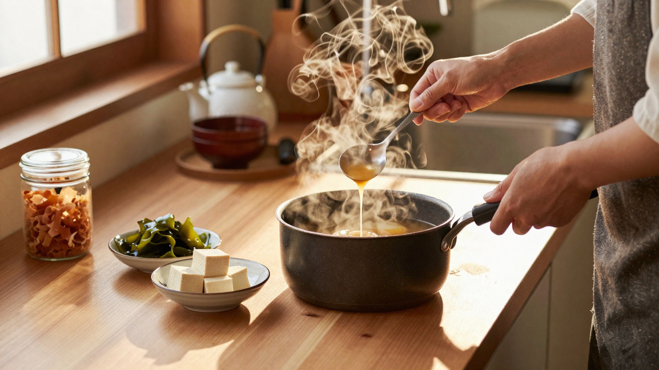 Pessoa a preparar sopa num tacho com vapor a subir, junto a ingredientes numa bancada de madeira.