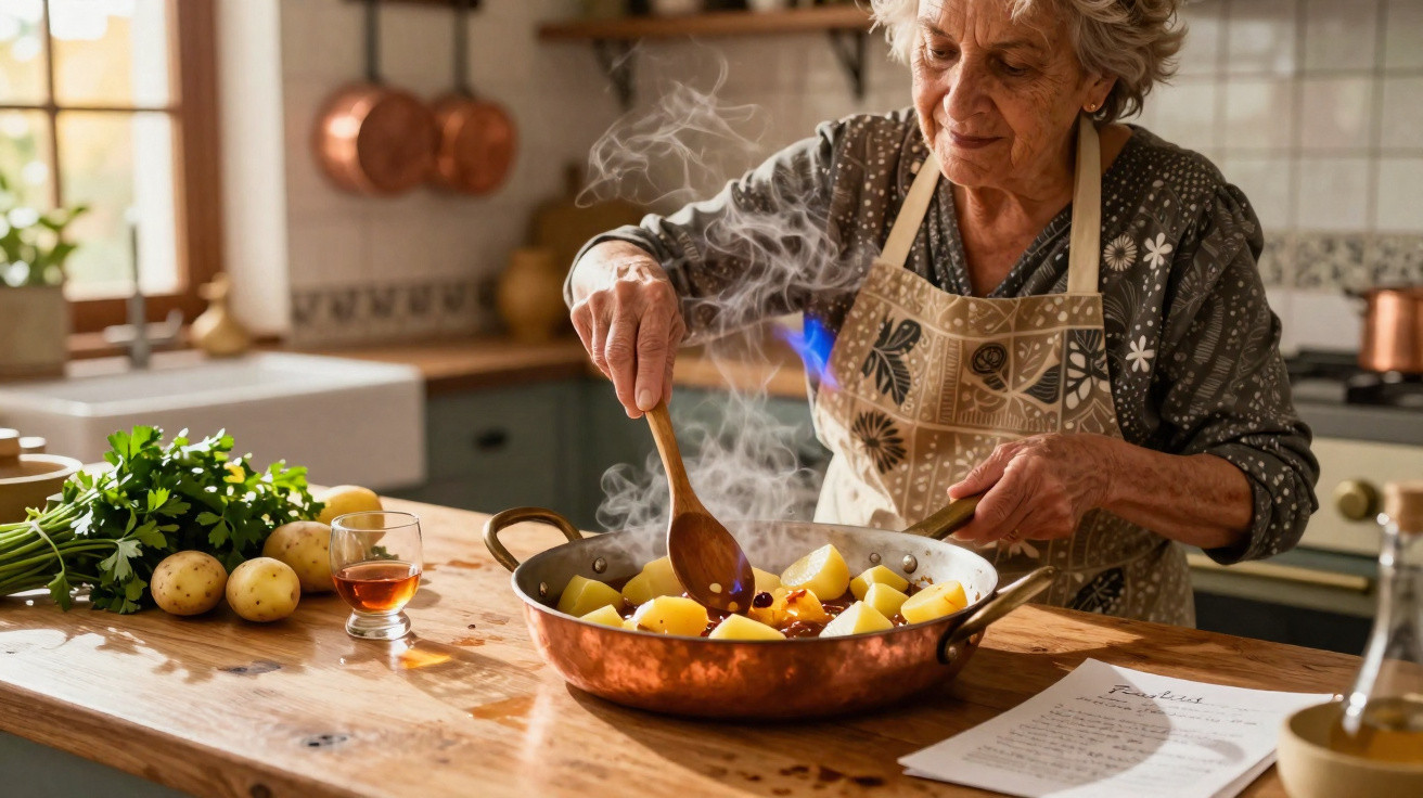 Idosa a cozinhar batatas numa frigideira numa cozinha rústica com ervas frescas na bancada.