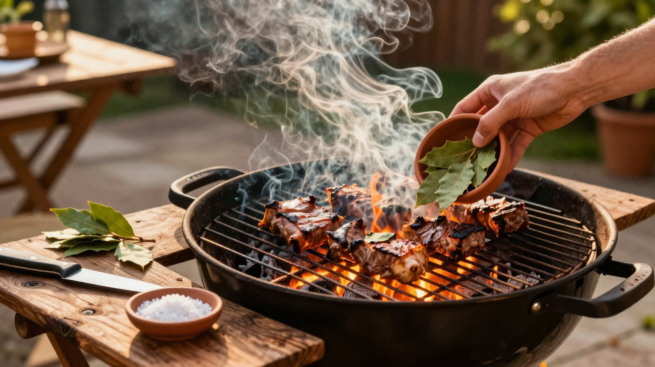 Churrasco de carne a grelhar em carvão, com mão a colocar folhas aromáticas e fumaça a subir.