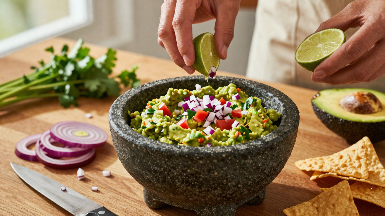 Mãos a espremer limão sobre guacamole num pilão de pedra, com cebola, coentros e tortilhas ao lado.