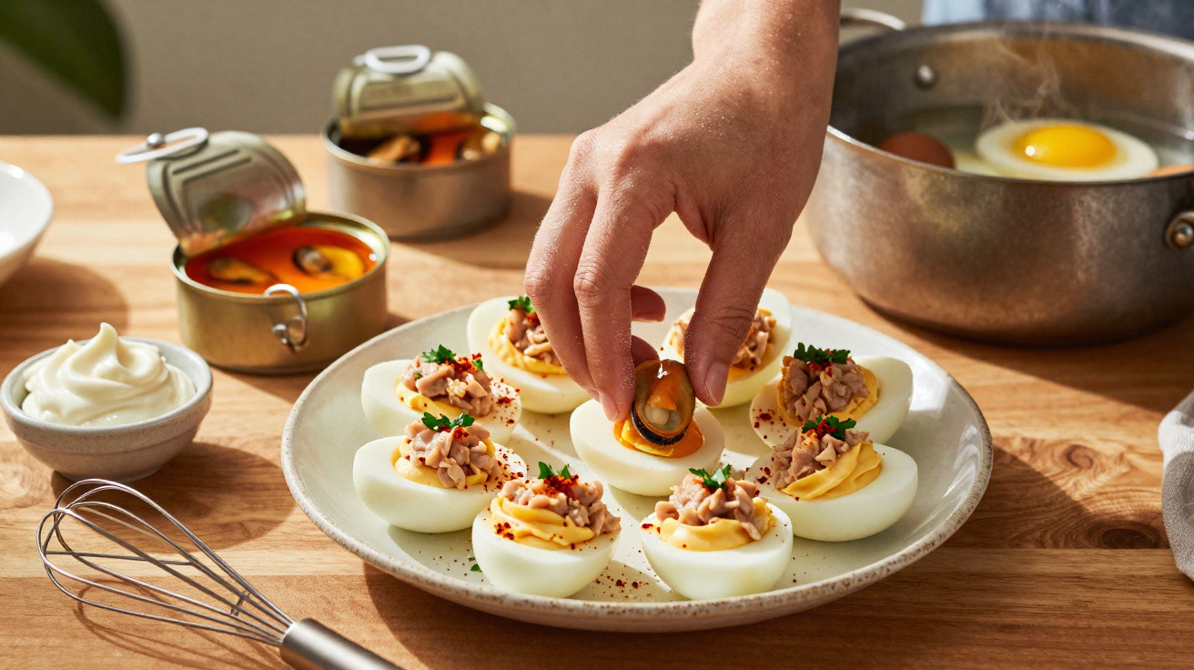 Mão a colocar mexilhão em ovos recheados com atum e ervas num prato branco numa mesa de cozinha.