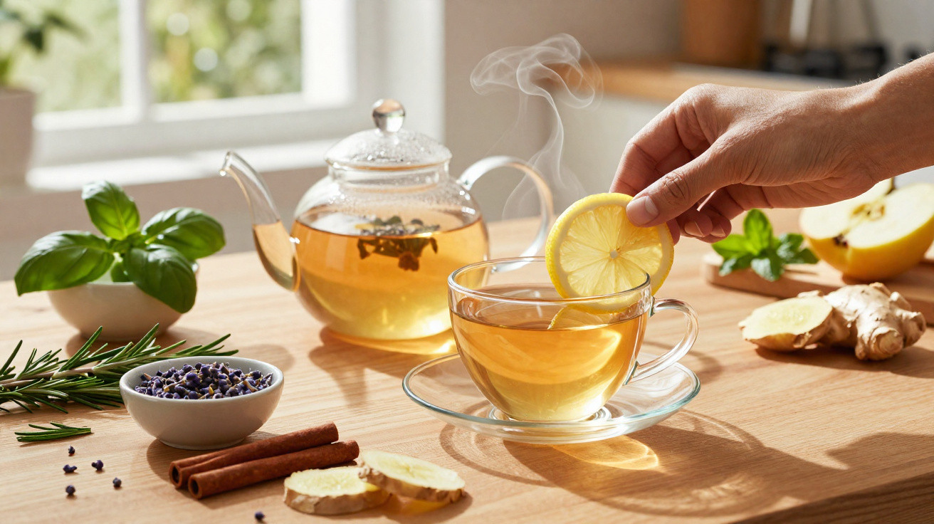 Chá quente com rodela de limão, infusor de chá, ervas aromáticas e especiarias numa mesa de madeira.