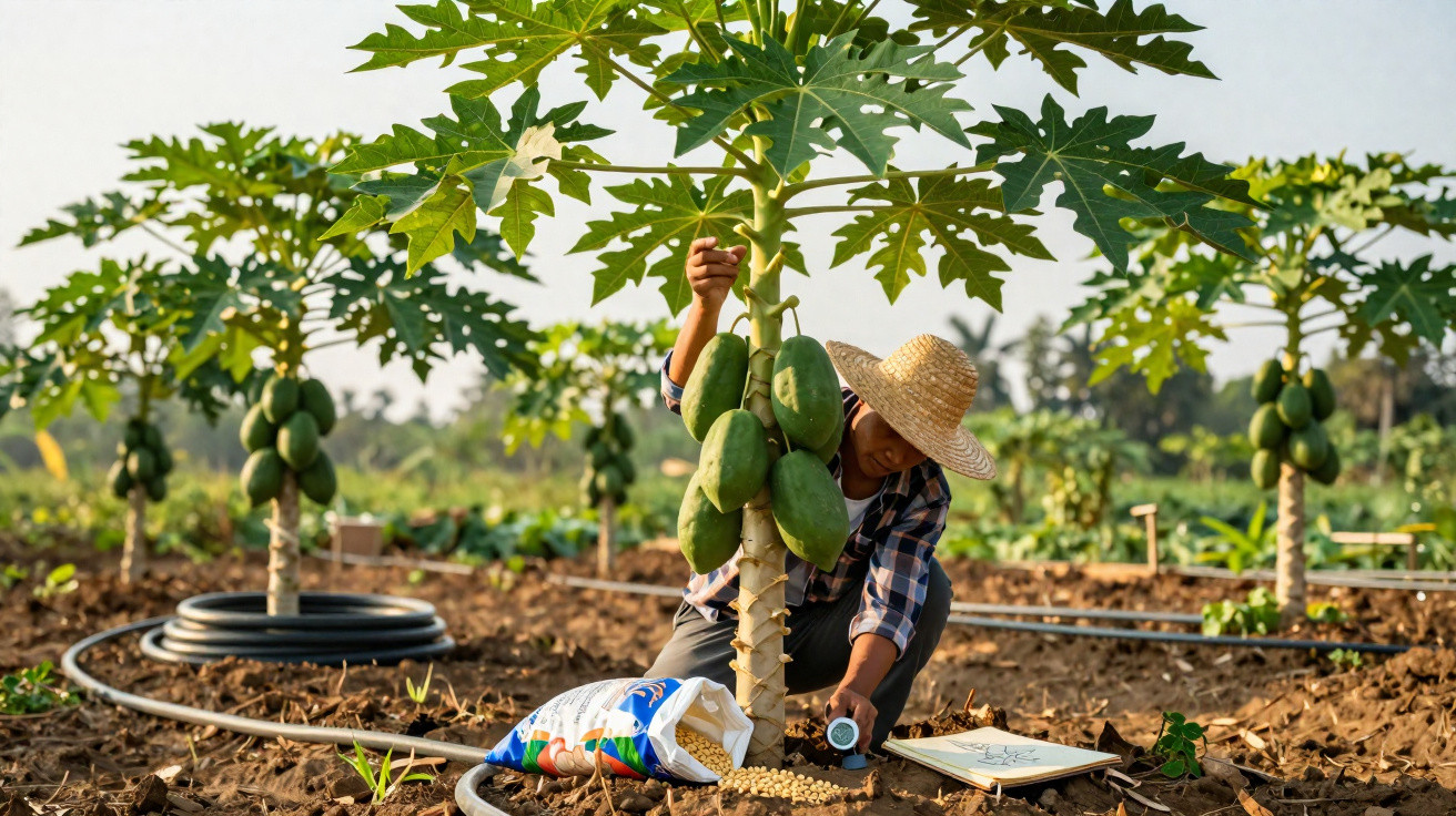 Homem com chapéu de palha cuida de árvore de papaia numa plantação com água e fertilizantes.