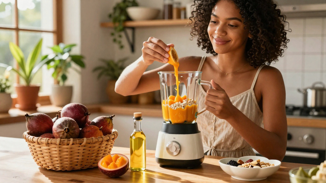 Mulher a preparar sumo de maracujá com liquidificador numa cozinha luminosa e decorada com plantas.