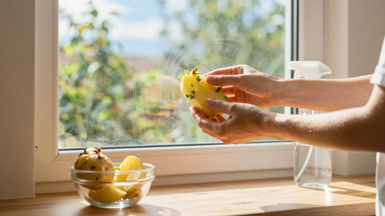 Mãos a esfoliar batata com plantas verdes junto a uma janela com frascos de spray e luz natural.