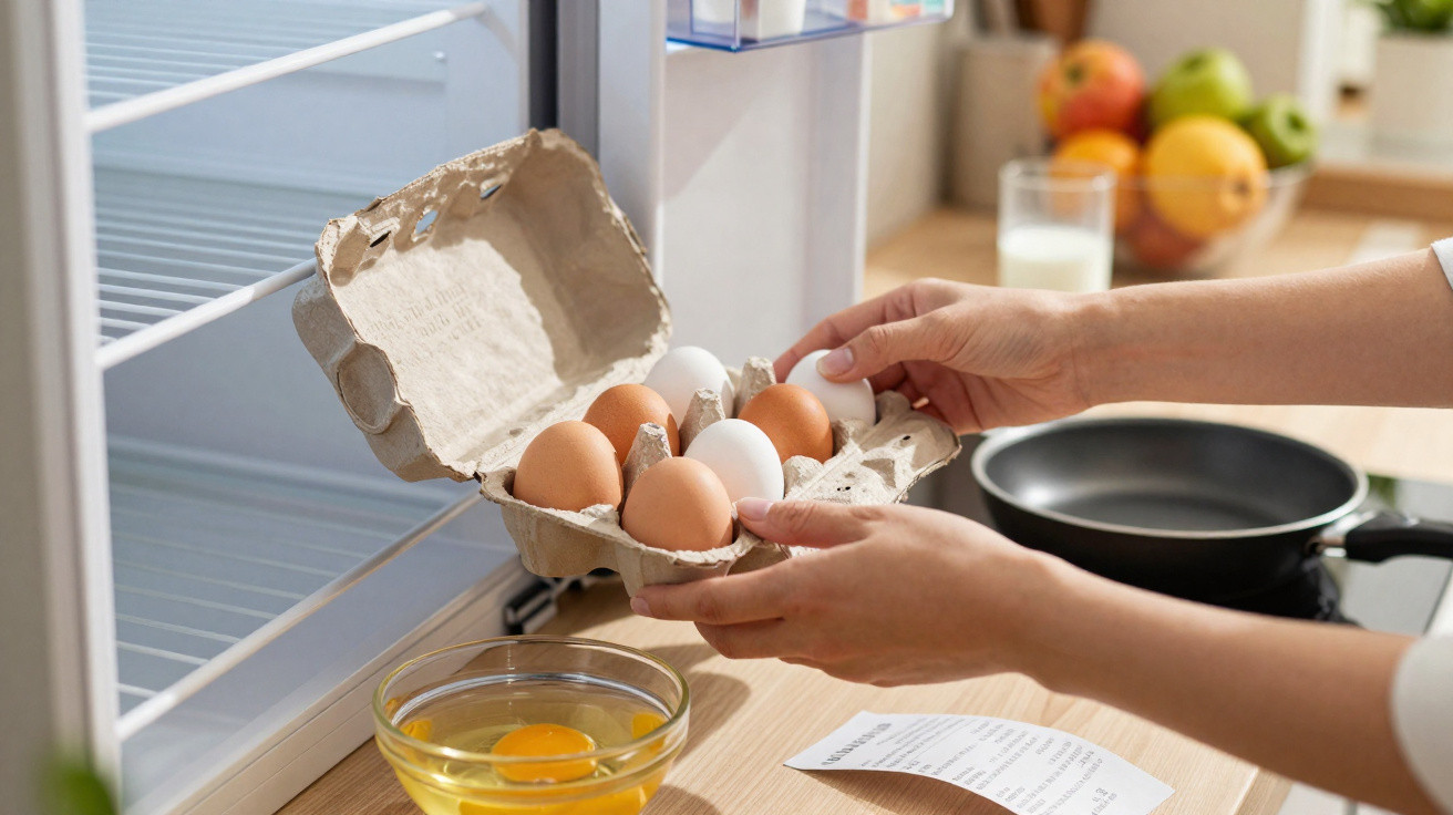 Mãos a retirar ovos castanhos e brancos de uma caixa no frigorífico na cozinha.