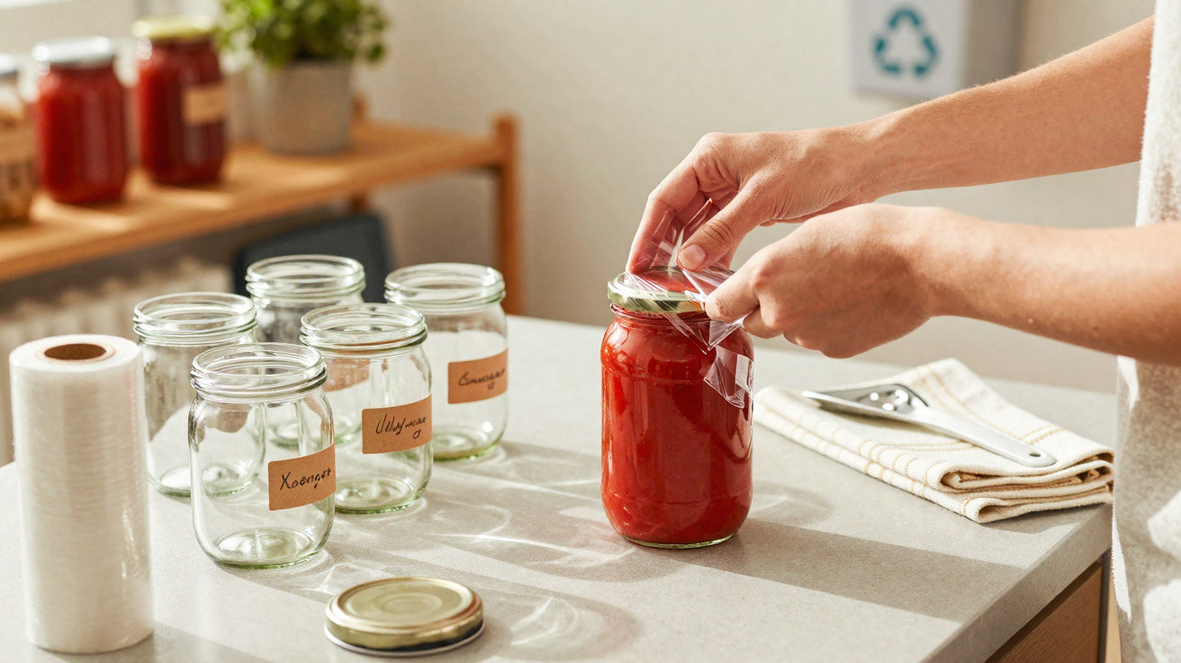 Pessoa a fechar um frasco de vidro com molho de tomate numa cozinha com vários frascos vazios.