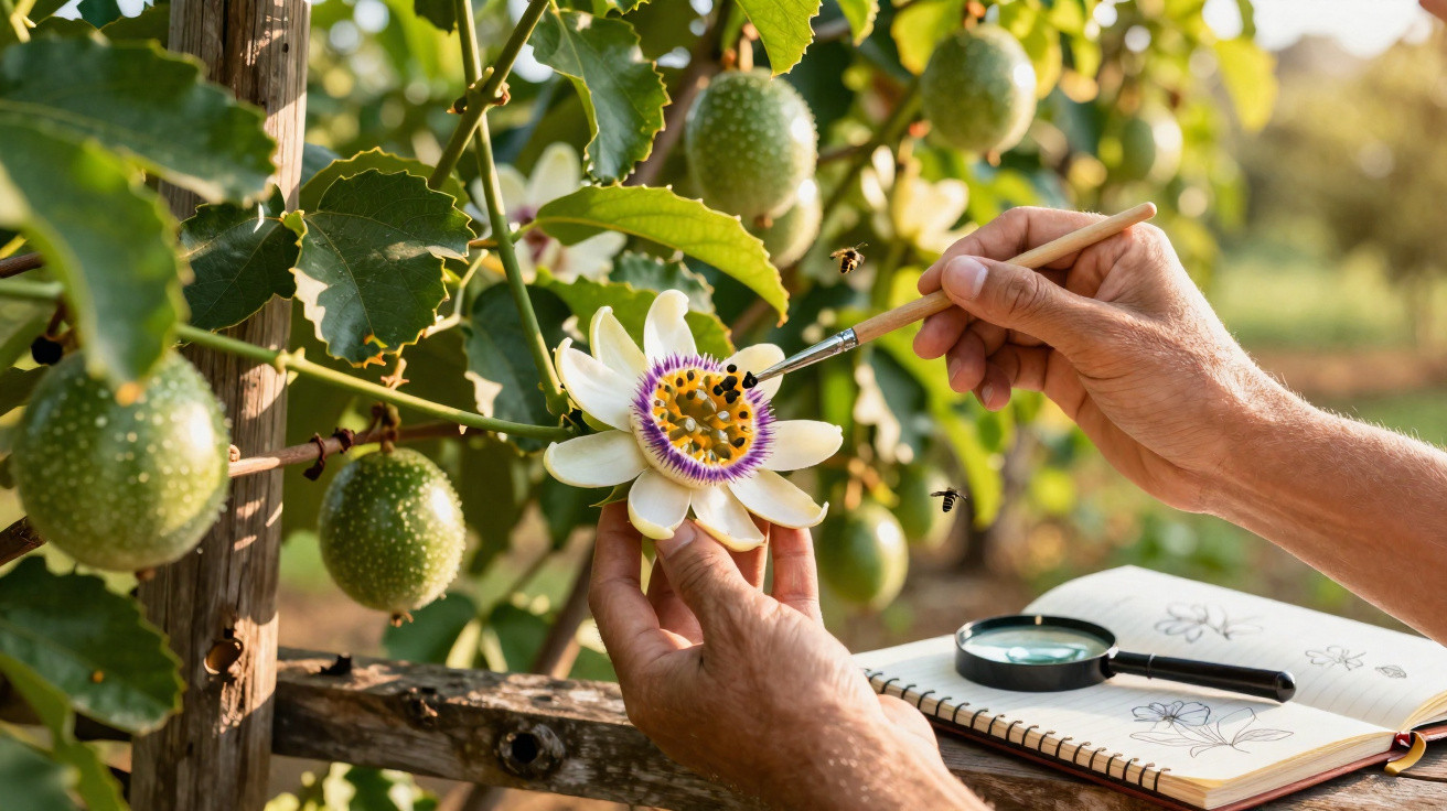 Pessoa a polinizar uma flor de maracujá com um pincel num pomar, com caderno de desenhos aberto.