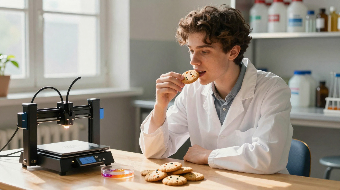Jovem cientista em laboratório, testa sabor de bolacha junto a impressora 3D e placas de Petri.