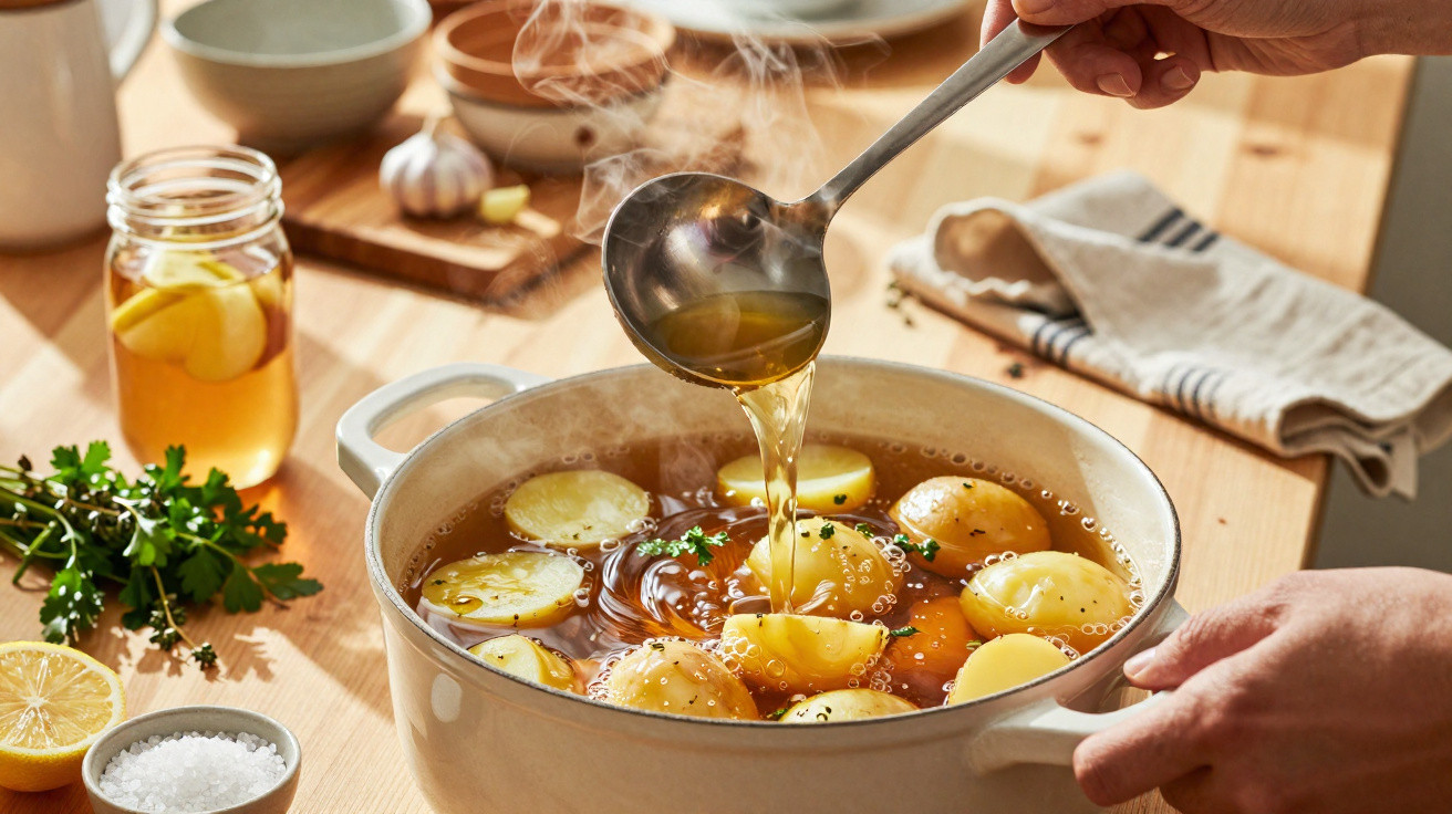 Mãos a servir caldo quente com batatas e ervas num tacho branco sobre mesa de madeira clara.