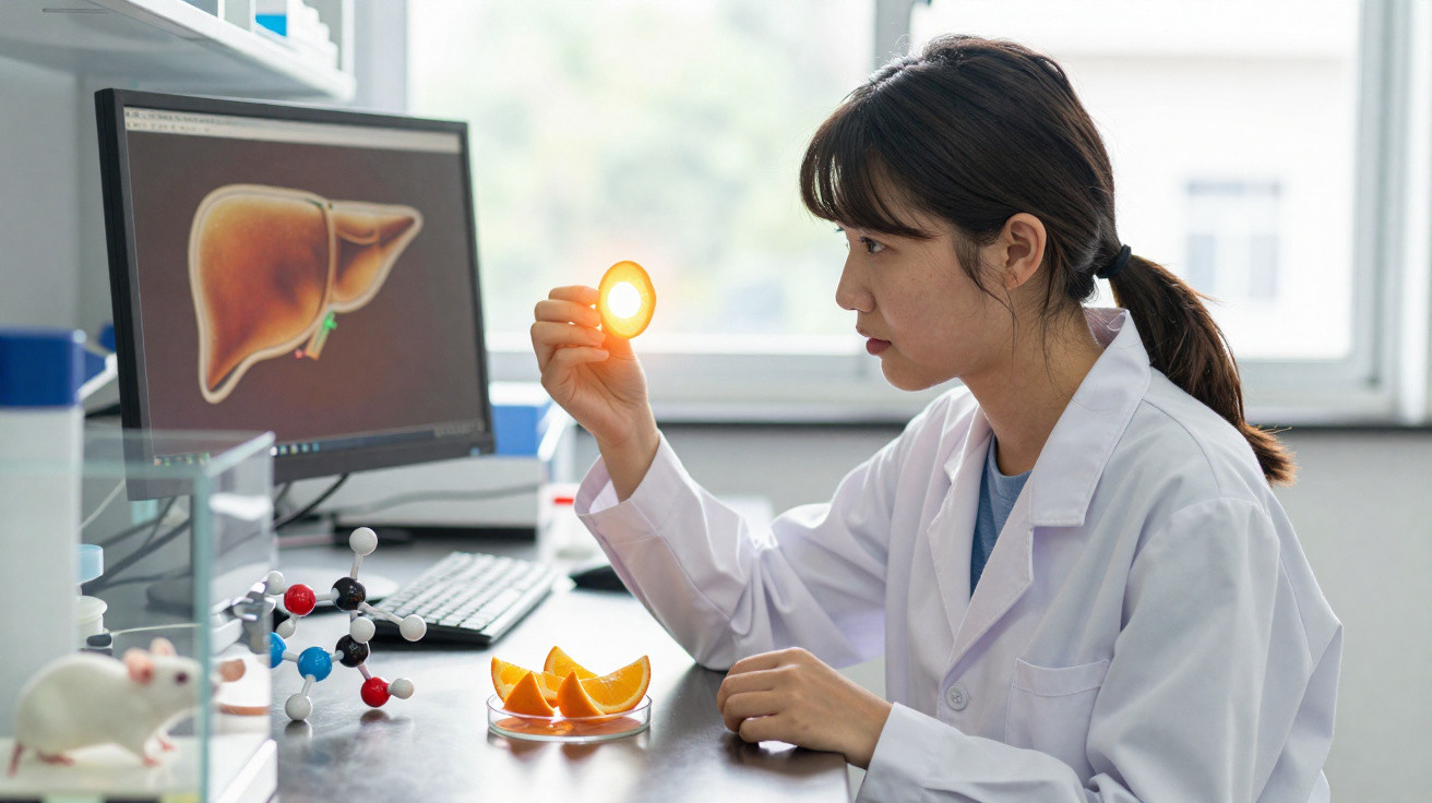 Mulher cientista com bata branca a examinar fatia de laranja numa sala de laboratório.
