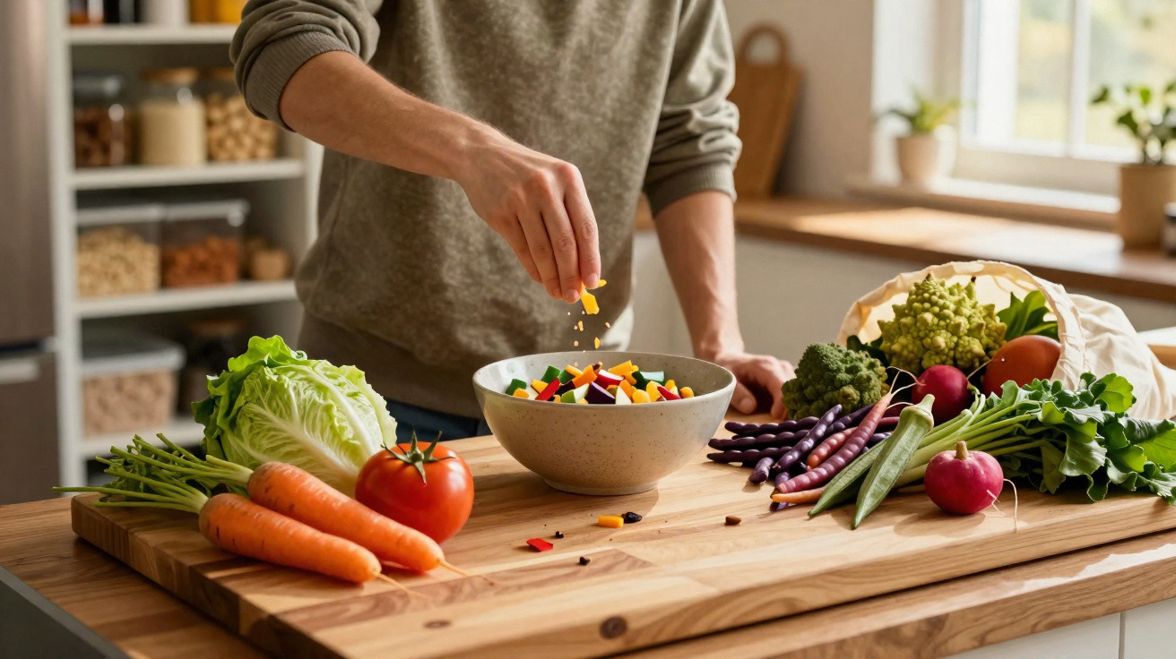 Pessoa a preparar salada com legumes frescos numa cozinha luminosa e moderna.