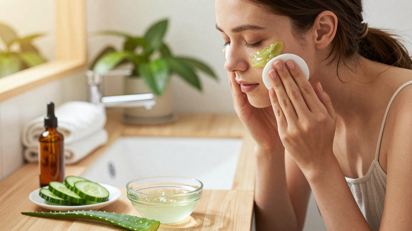 Mulher a limpar o rosto com almofada e gel de aloe vera num ambiente luminoso e natural.